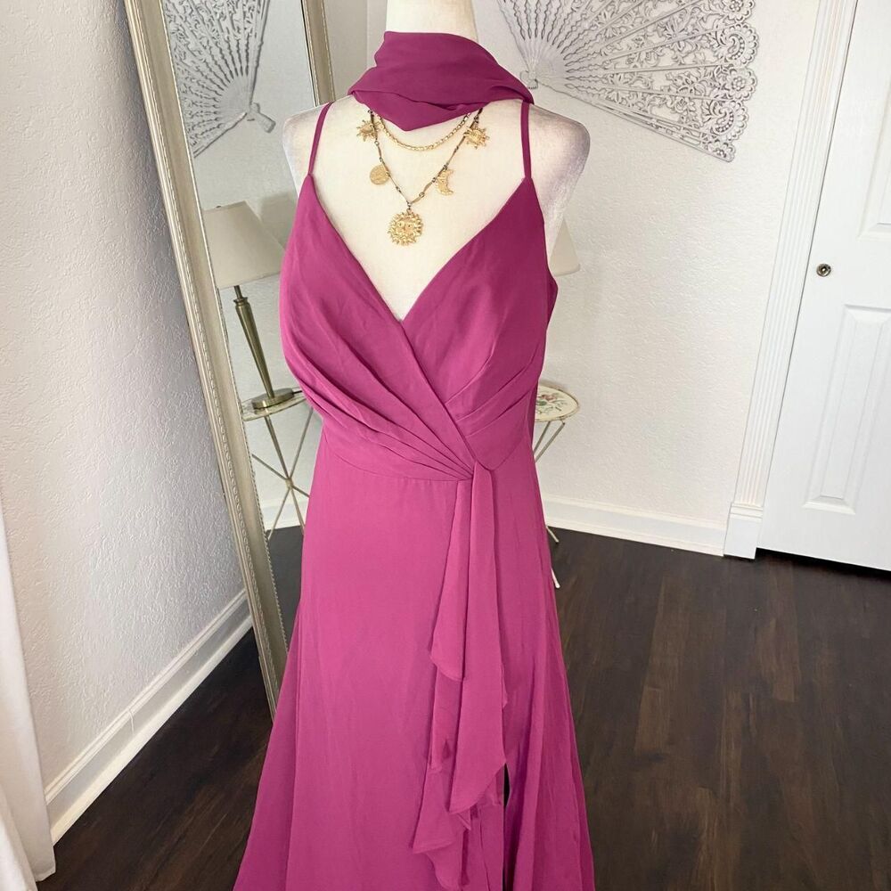 Azazie Ethereal Berry Purple Y2K Chiffon Cinched Prom Formal Dress w Scarf 16 XL - Picture 2 of 7